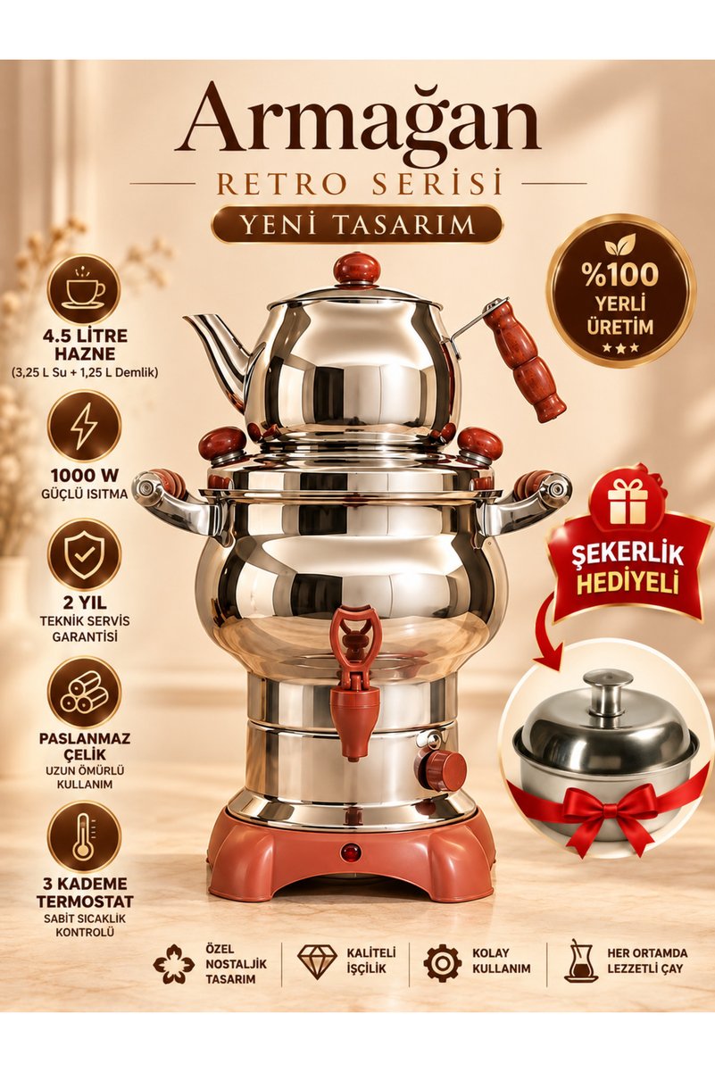 Armağan Retro Prime – 4,5 Litre Elektrikli Semaver | Nostaljik Tasarım | Paslanmaz Çelik