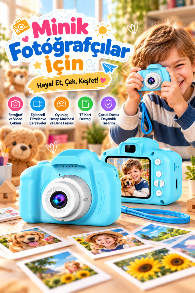 Happy Owl Çocuk Dijital Fotoğraf Makinesi Mavi Fotoğraf ve Video Çekim Özellikli Eğitici Oyunlu Çocuk Kamerası Mini Fotoğraf Makinesi