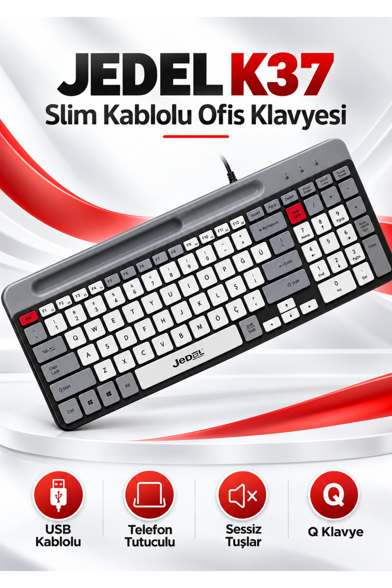 jedel K37 USB Kablolu Türkçe Q Klavye Telefon Tutuculu Slim İnce Tasarım Sessiz Tuşlu Ofis Klavyesi Gri renk