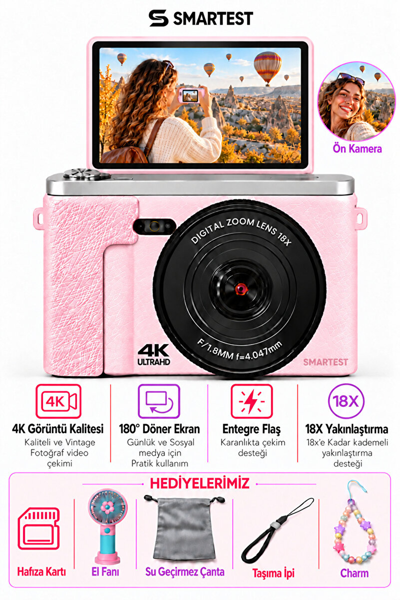 SMARTEST 4K Dijital Fotoğraf Makinesi 48MP Flip Ekran Gerçek 18X Zoom Flaşlı GB Hediyeli Türkçe Menü