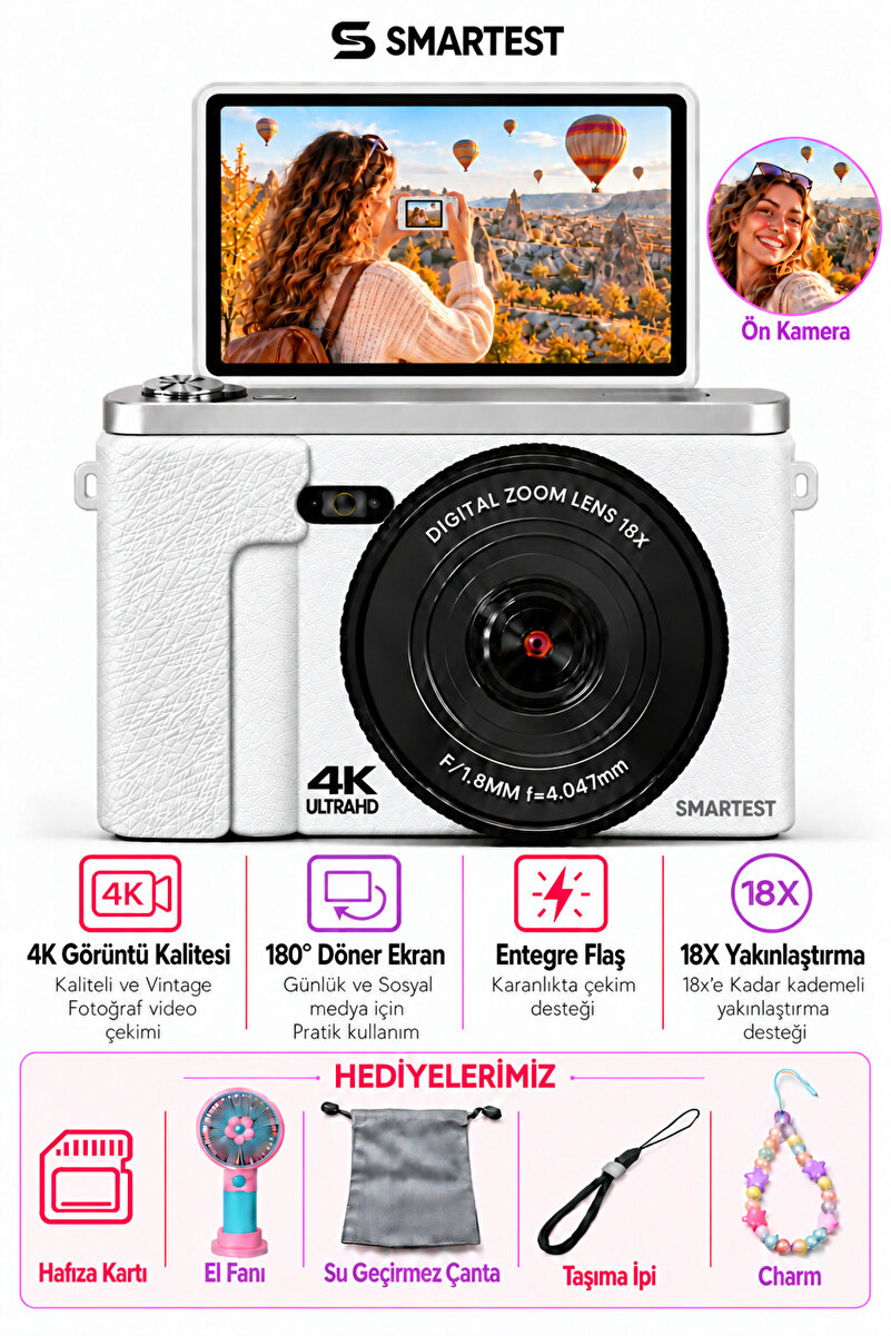 SMARTEST 4K Dijital Fotoğraf Makinesi 48MP Flip Ekran Gerçek 18X Zoom Flaşlı GB Hediyeli Türkçe Menü