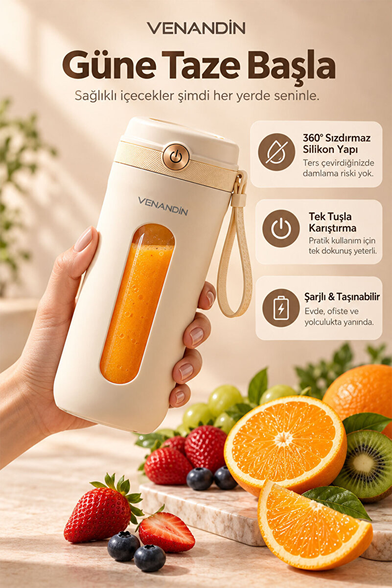 Ervinay Venandin Taşınabilir Şarjlı Meyve Suyu Blenderi Mini Blender Ev Tipi Pratik Meyve Suyu Yapıcı Blendic