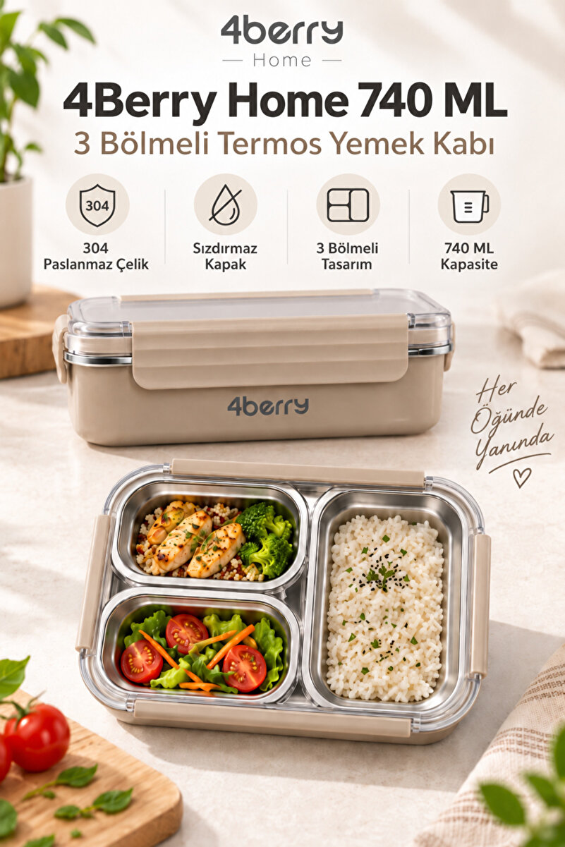 4 Berry 4Berry Home 740 ML 3 Bölmeli 304 Paslanmaz Çelik Termos Yemek Kabı – Kahverengi Sızdırmaz Kapaklı, I