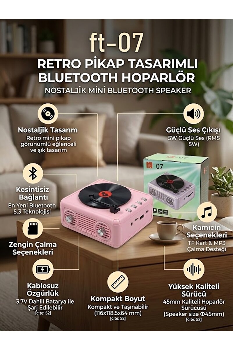 Genel Markalar FT-07 Retro Pikap Tasarımlı Mini Bluetooth Hoparlör - Nostaljik Ses Sistemi, Şarjlı Masaüstü Dekor (Bluetooth 5.3)