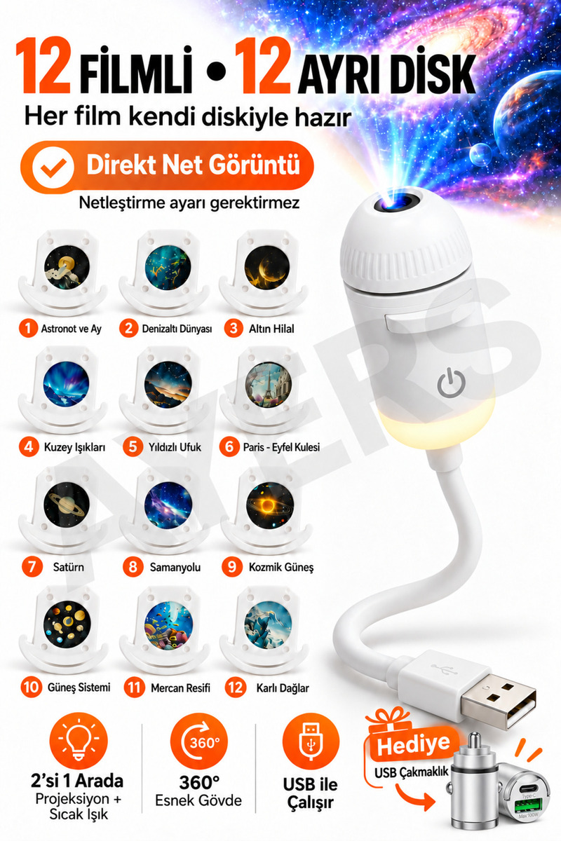 Ayers 12 Film Diskli USB Galaksi Projektör Gece Lambası, 2’si 1 Arada Yıldızlı Gökyüzü Projektörü, Direkt Net Görüntülü 360° Esnek Gövdeli Tavan Duvar Yansıtma, Adaptör Hediyeli