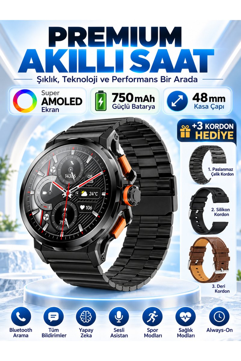 KALİTESENİNLE 30 Gün Şarj Süreli Akıllı saat 3 Kordon Hediyeli Amoled Ekran/Sesli görüşme/48mm Kasa/750mAh Pil