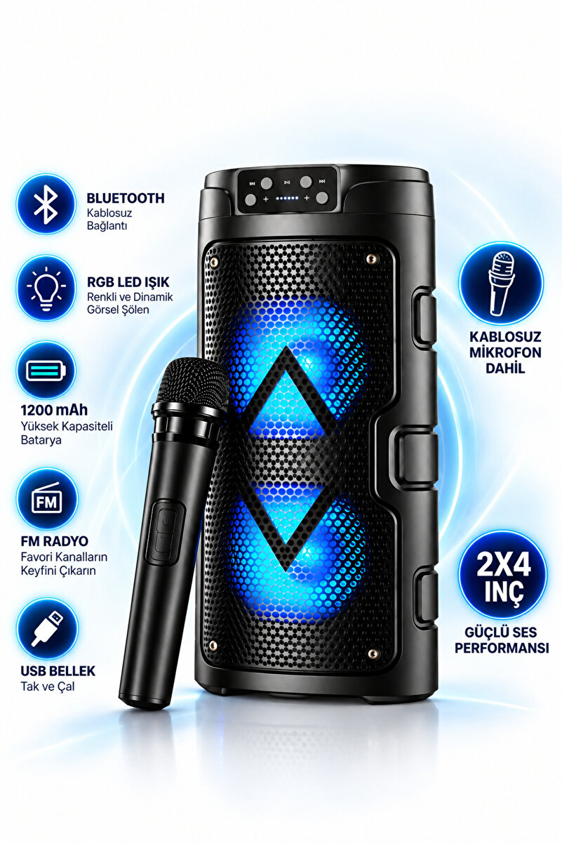 Abbruch Taşınabilir Bluetooth Hoparlör RGB Işıklı Karaoke Hoparlörü Kablosuz Mikrofonlu Güçlü Ses Sistemi 2x4 İnç Çift Sürücü