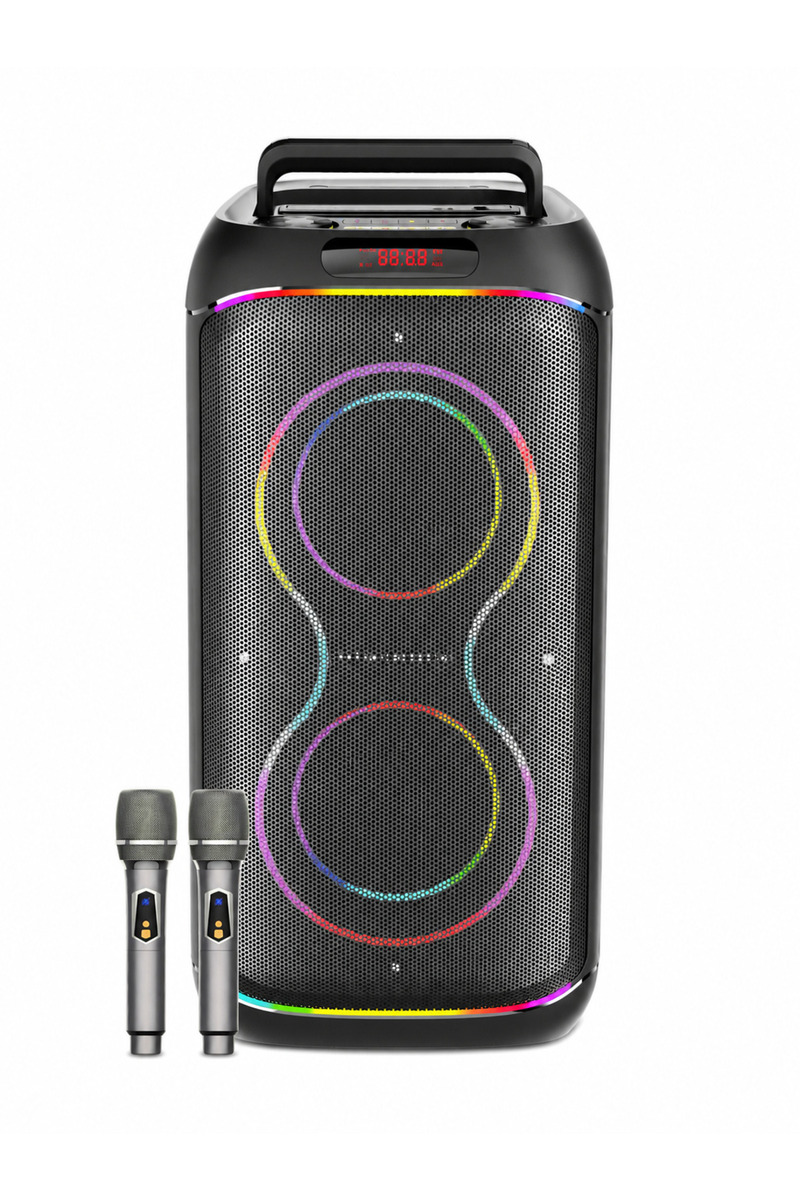 Başkenttekno BTS-2255 110W RBG Işıklı Çift Kablosuz Mikrofonlu Taşinabilir Bluetooth Karaoke Premium Parti Hopörlörü