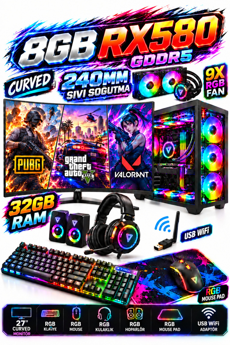 Dmc Nx52 Windows 11 Ryzen 5 5500 32GB RAM 1TB SSD RX580 8GB 24"Curved Sıvı Soğutmalı Oyuncu Masaüstü Bilgisayar