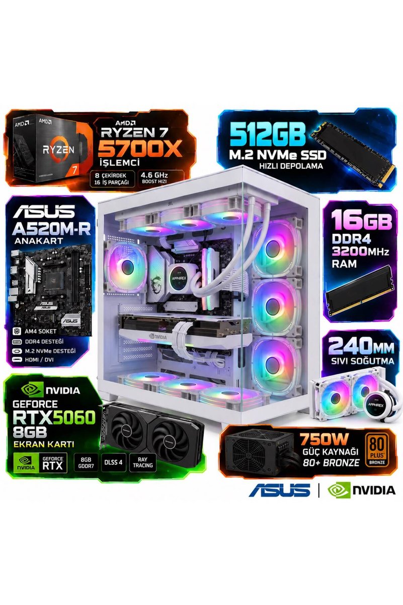 Apphirex AİM X60 Ryzen 7 5700X | 16 GB RAM | RTX5060 8GB | 512GB M.2 SSD | Sıvı Soğutmalı Beyaz Oyuncu Bilgisayarı