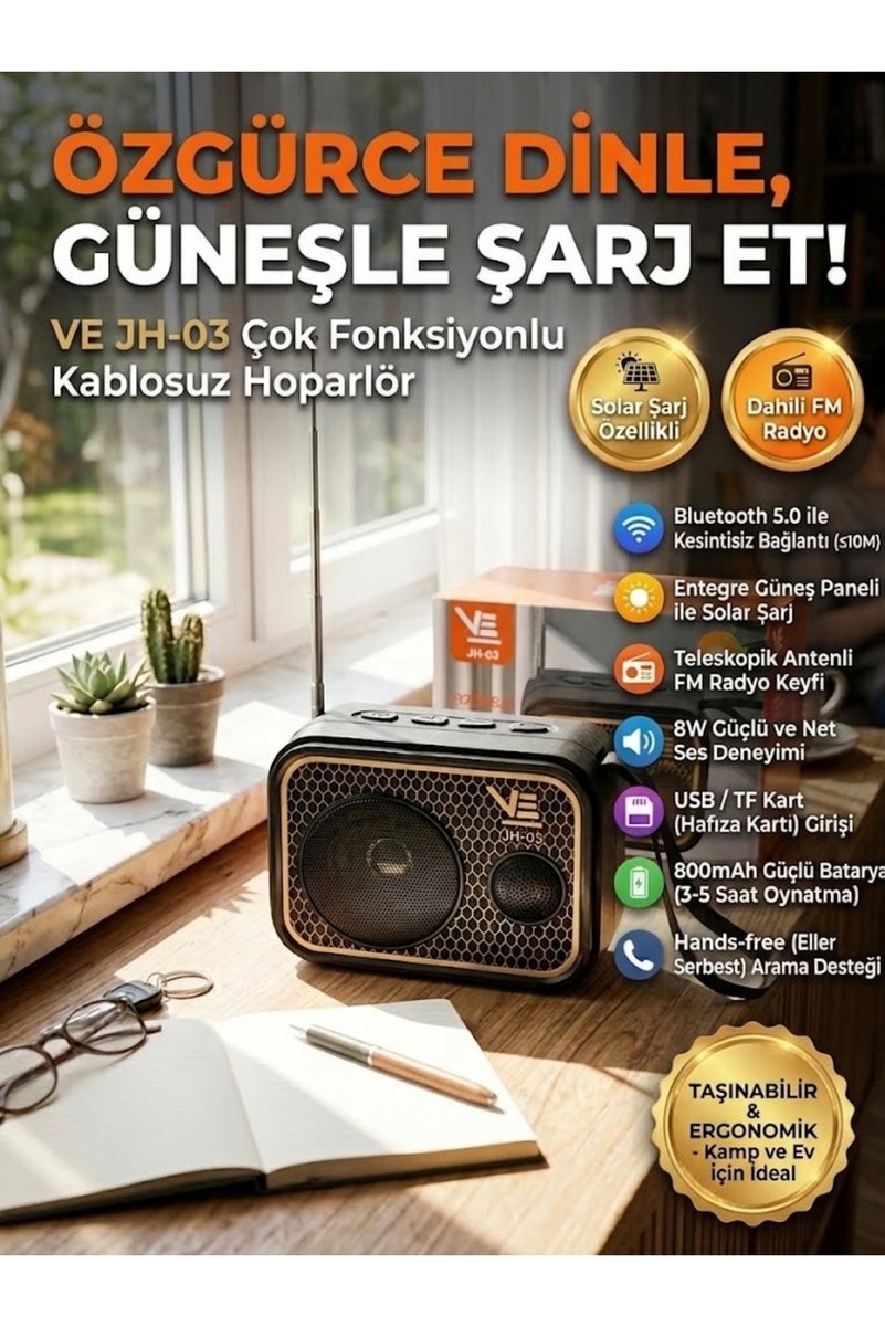 Genel Markalar JH-03 Güneş Enerjili Şarj Edilebilir Radyolu Taşınabilir Bluetooth Hoparlör - Çok Fonksiyonlu Müzik Kutusu