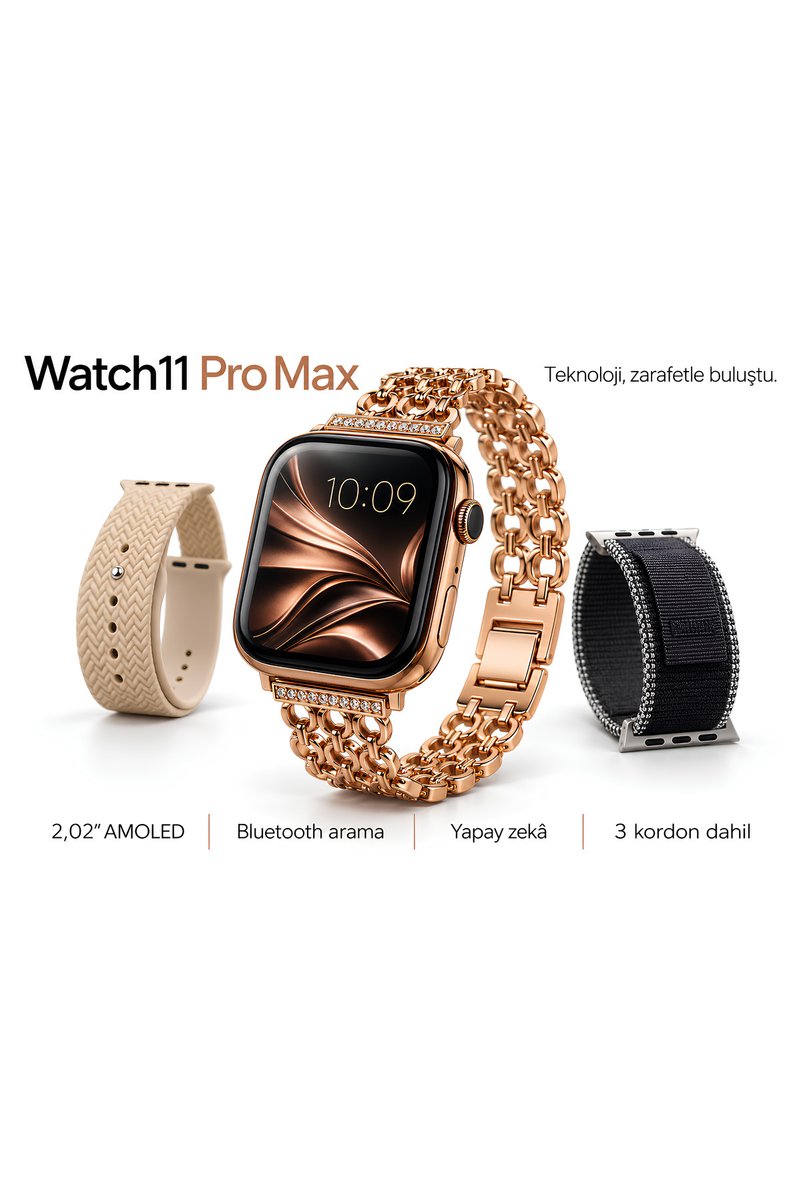 DURKHEİM HK11 Pro Max Akıllı Saat Rose Gold Taşlı Metal Kordonlu, 3 Kordonlu Set