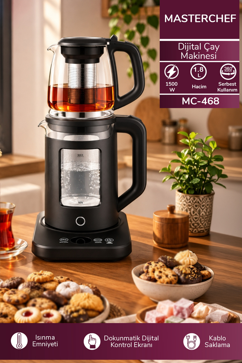 Masterchef MC-468 Dijital Çay Makinesi l 1500W & 1.8L & 1L Demlik & Dijital Ekran & 360 Kablosuz Kullanım