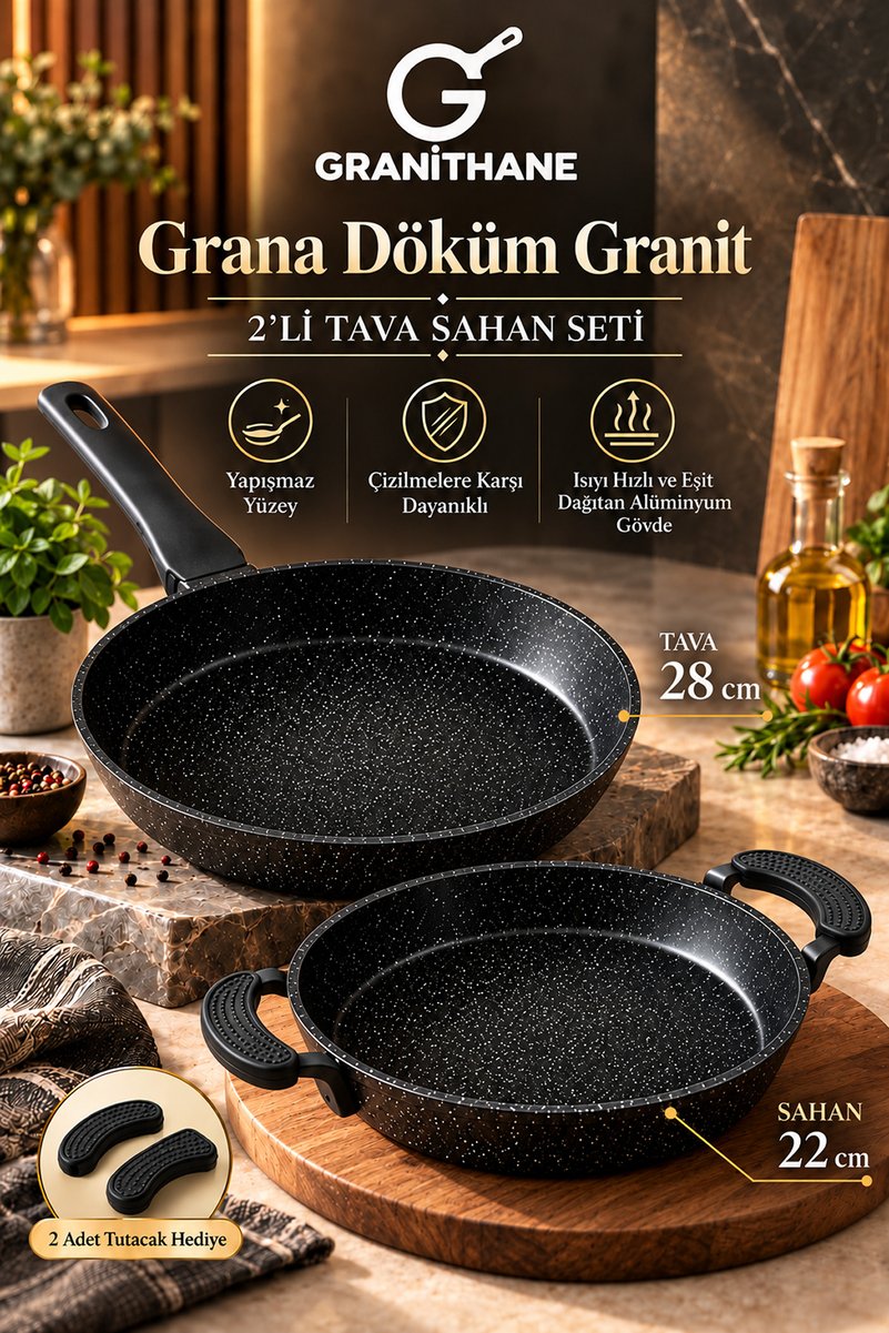 GRANİTHANE Grana Döküm Granit 2'li Tava Sahan Seti 28 cm Tava 22 cm Sahan 2 Adet Silikon Tutacak Hediyeli