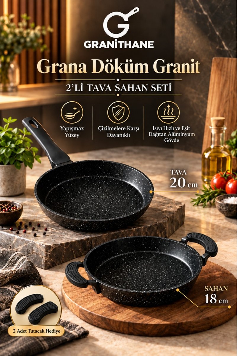 GRANİTHANE Grana Döküm Granit 20 cm Tava ve 18 cm Sahan Seti 2 Adet Silikon Tutacak Hediyeli