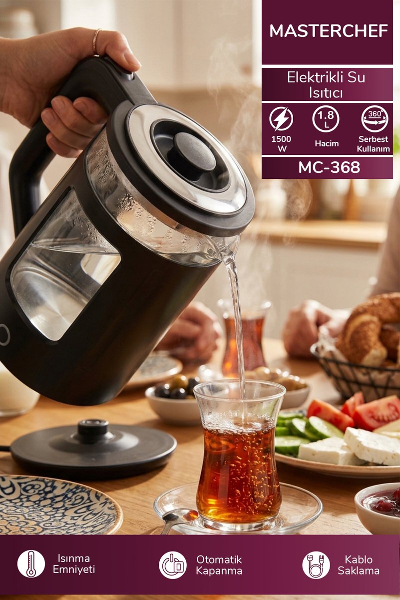 Masterchef MC-368 Cam Su Isıtıcı Kettle | 1500W & 1.8L Paslanmaz Çelik & Otomatik Kapanma&360 Kablosuz Kullanım