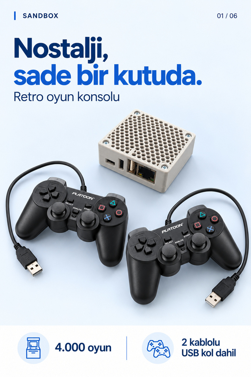 Genel Markalar SANDBOX 64 GB Retro Oyun Konsolu 4000 Oyun 2 Kablolu USB Kol HDMI Adaptör ve Hub Dahil