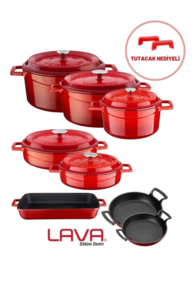 Lava Döküm Sekizli Tencere Tava Seti Trendy Kırmızı (silikon Tutacak Hediyeli)
