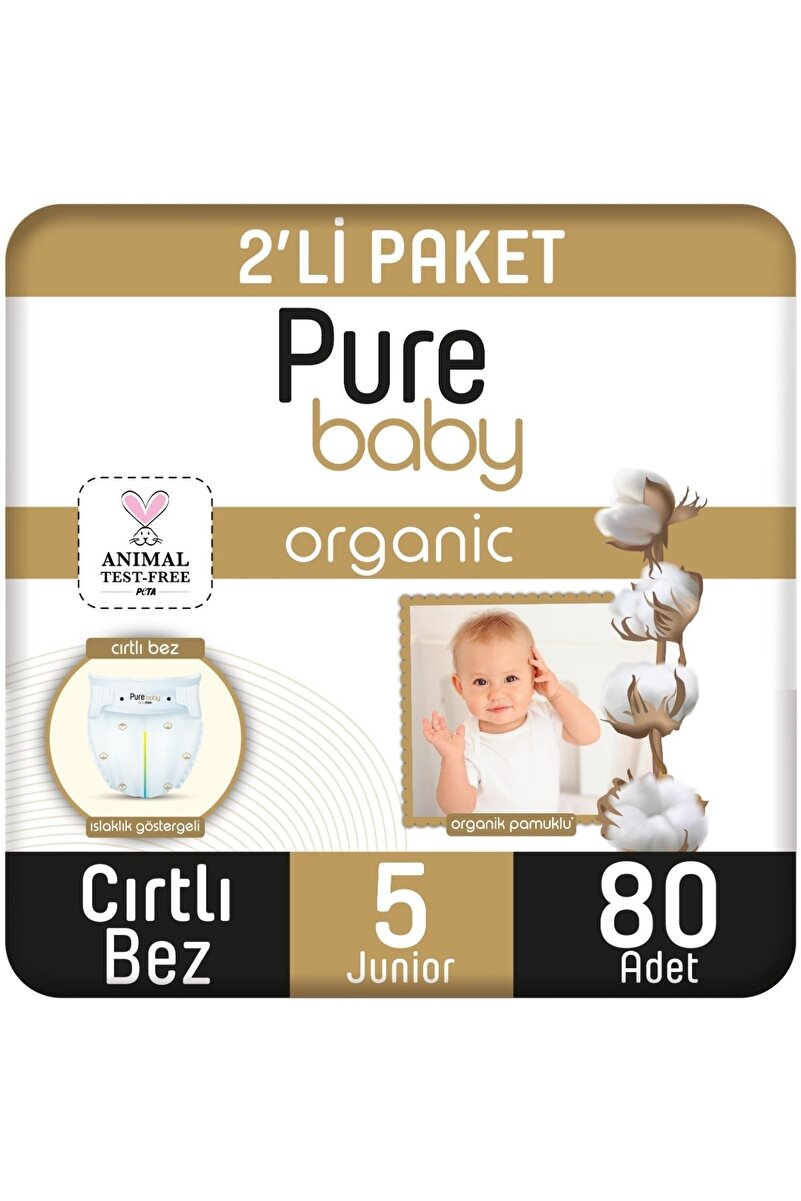Pure Baby Organik Pamuklu Cırtlı Bez 2'li Paket 5 Numara Junior 80 Adet