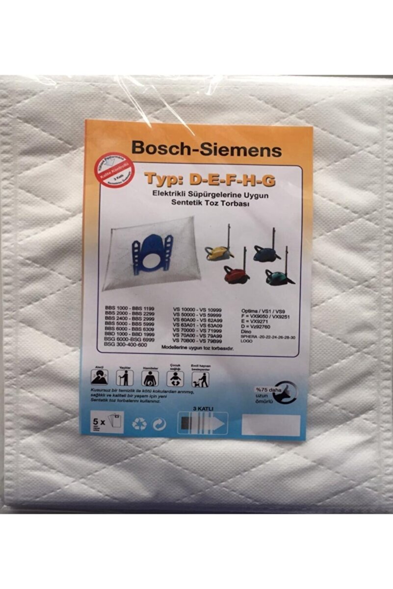 Bosch - Siemens Type: D-e-f-h-g Elektrikli Süpürge Sentetik Toz Torbası (5 Adet)