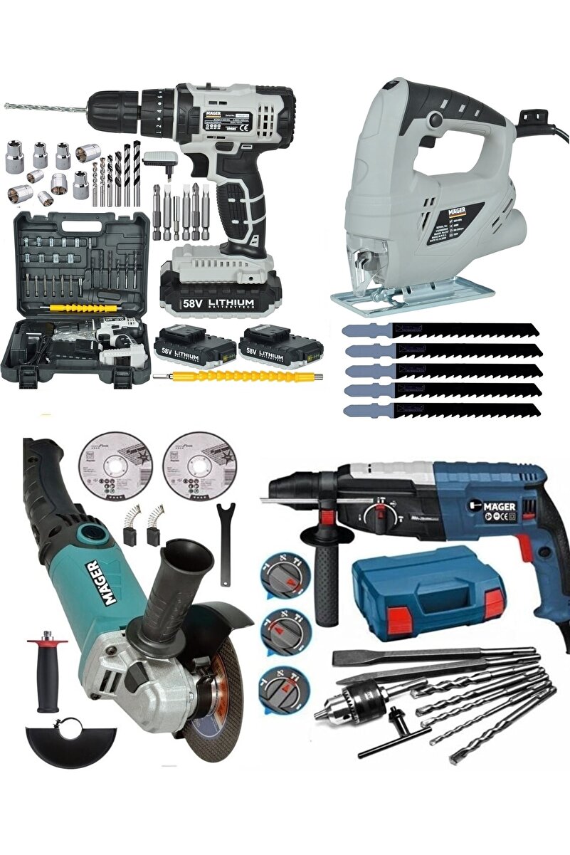 Mager Kırıcı Delici Hilti Akülü Vidalama Şarjlı Matkap Taşlama Dekupaj Makineleri 4lü Set
