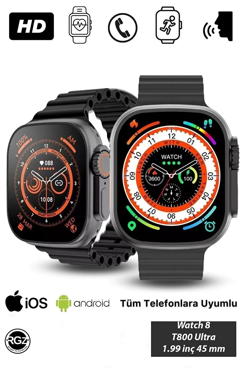 Genel Markalar Watch 8 T800 Ultra 2023 Model İos Android Uyumlu Sağlık & Spor Verileri Ölçüm Sensörlü Akıllı Saat