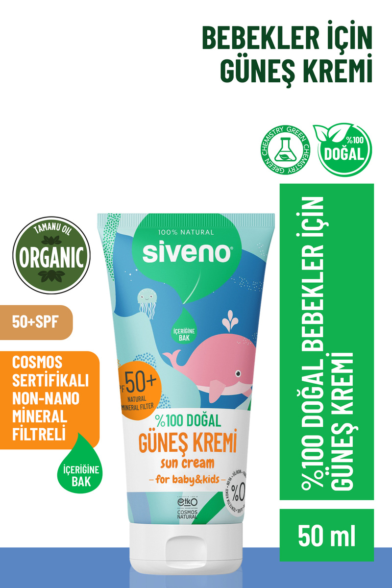 Siveno %100 Doğal Bebek Güneş Kremi Leke Karşıtı Nemlendirici Bitkisel Vegan SPF 50+ UVA UVB 50 ml