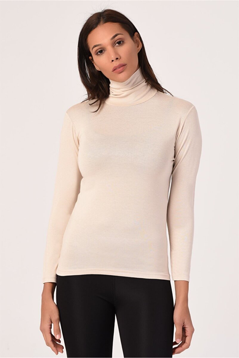 Full Turtleneck Long Sleeve Viscose Bodysuit &mdash; Beige