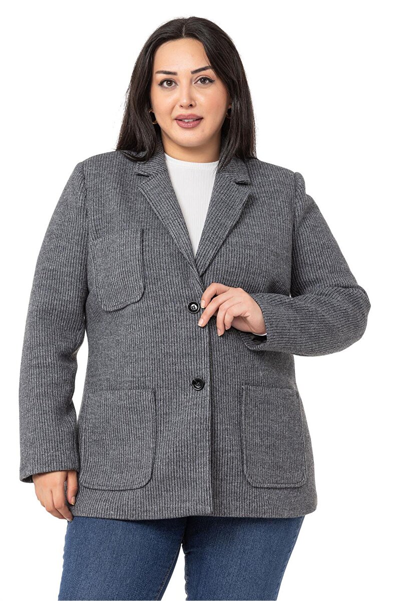 Plus Size Blazer With Pockets Knitted Lined Jacket — Grey