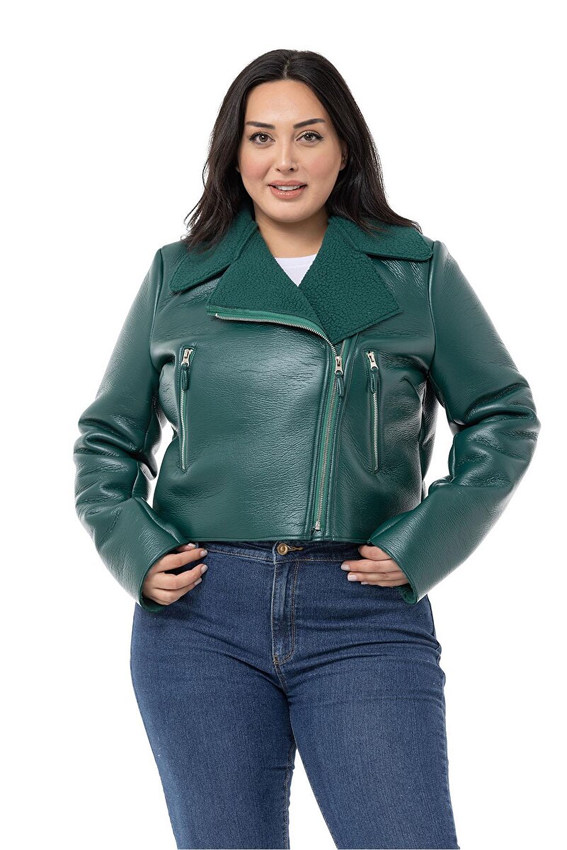 Plus Size Inner Faux-Fur Double-Breasted Zip Pocket Leather-Look Coat — Emerald