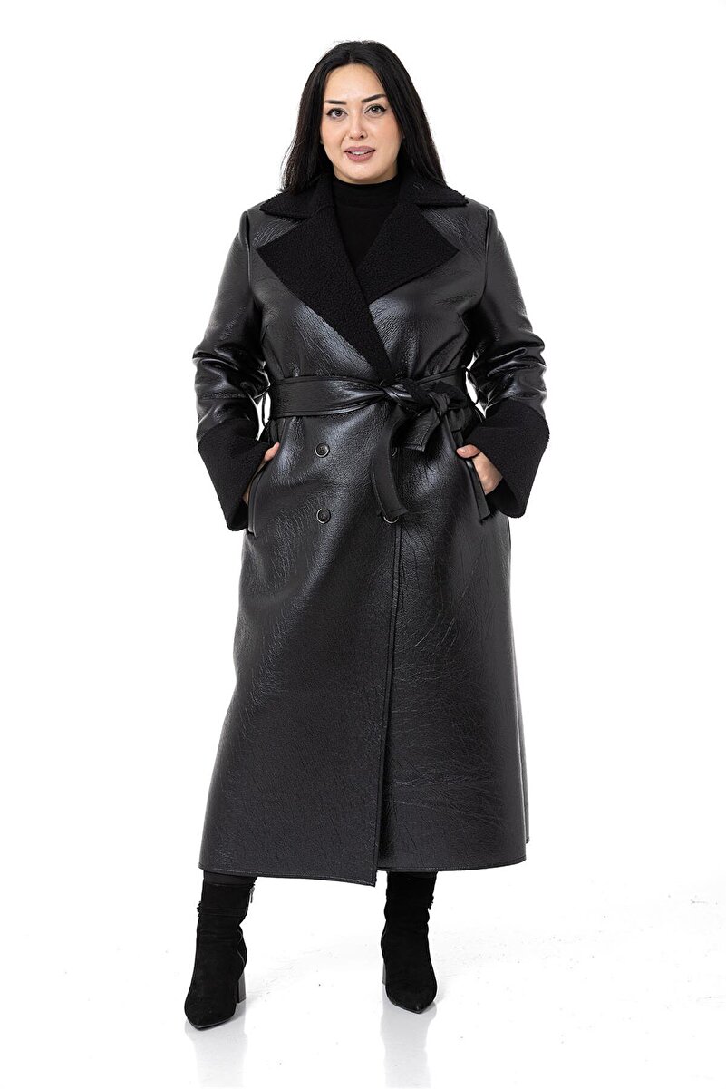 Plus Size Sleeve Opening & Inner Faux-Fur Long Leather-Look Overcoat &mdash; Black