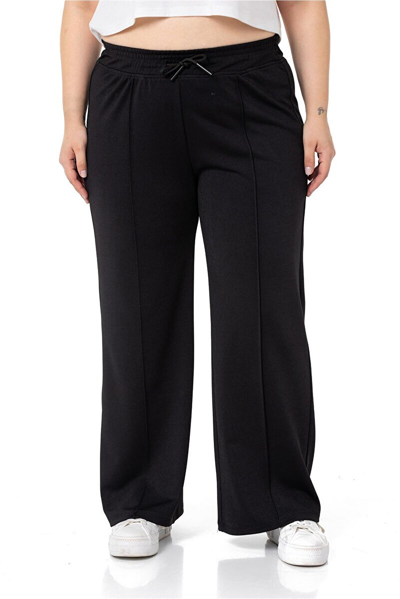 Plus Size Elastic-Waist & Drawstring-Gathered Pintuck Stitched Wide-Leg Trousers &mdash; Black