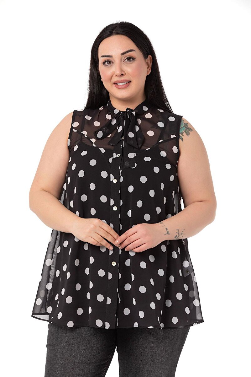 Plus Size Self Scarf-Detail Sleeveless Polka-Dot Chiffon Shirt &mdash; Black