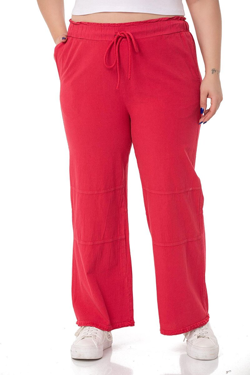 Plus Size Tasselled Hem Knee Stitch Detail Pocket Trousers &mdash; Red