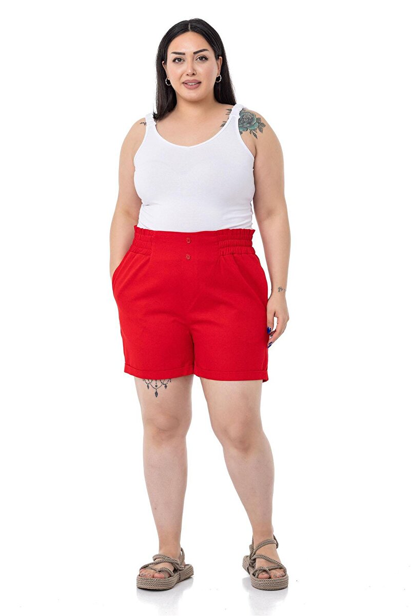 Plus Size Waist Side & Back Elasticated Hem Fold Detail Gabardine Shorts &mdash; Red