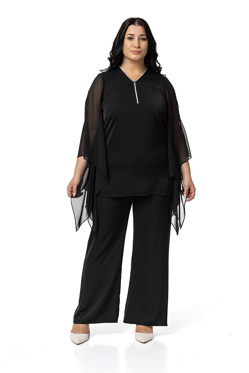Plus Size Zip-Detail Loose-Fit Blouse Trousers Two-Piece Set — Black