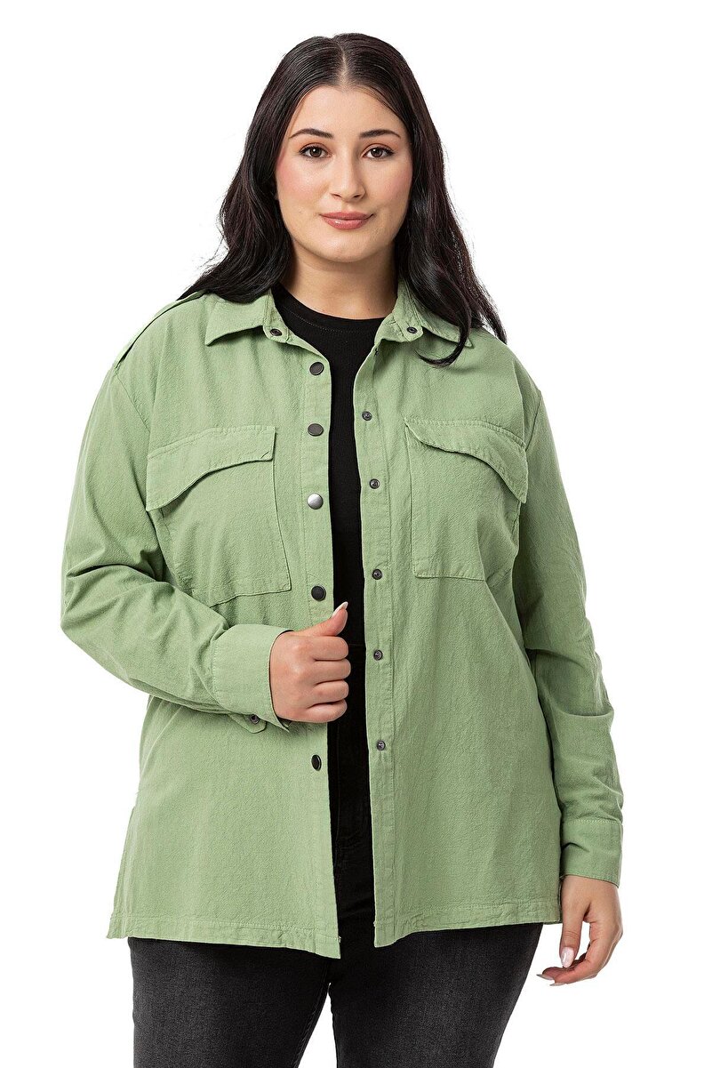 Plus Size Shoulder Epaulette-Detail Fold-Detail Sleeve Slit-Detail Popper-Fastening Shirt &mdash; Green