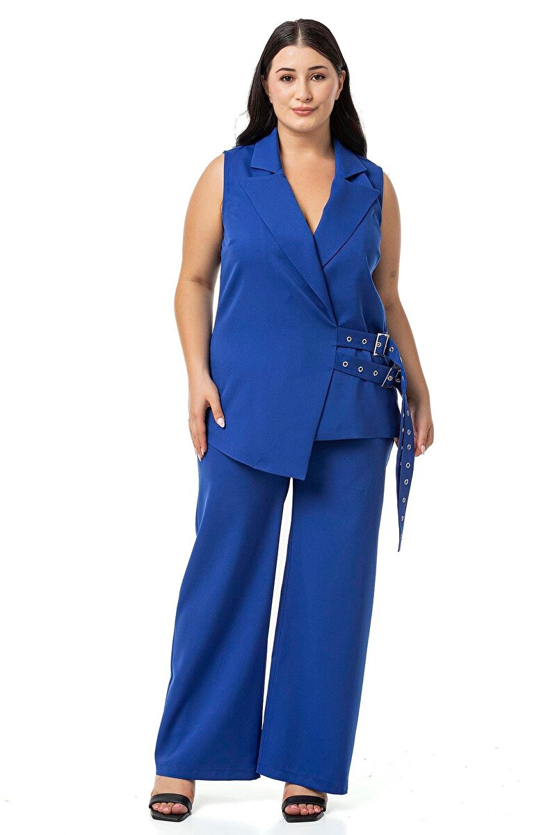 Plus Size Eyelet-Detail Belted Vest Trousers Two-Piece Set &mdash; Saxe Blue