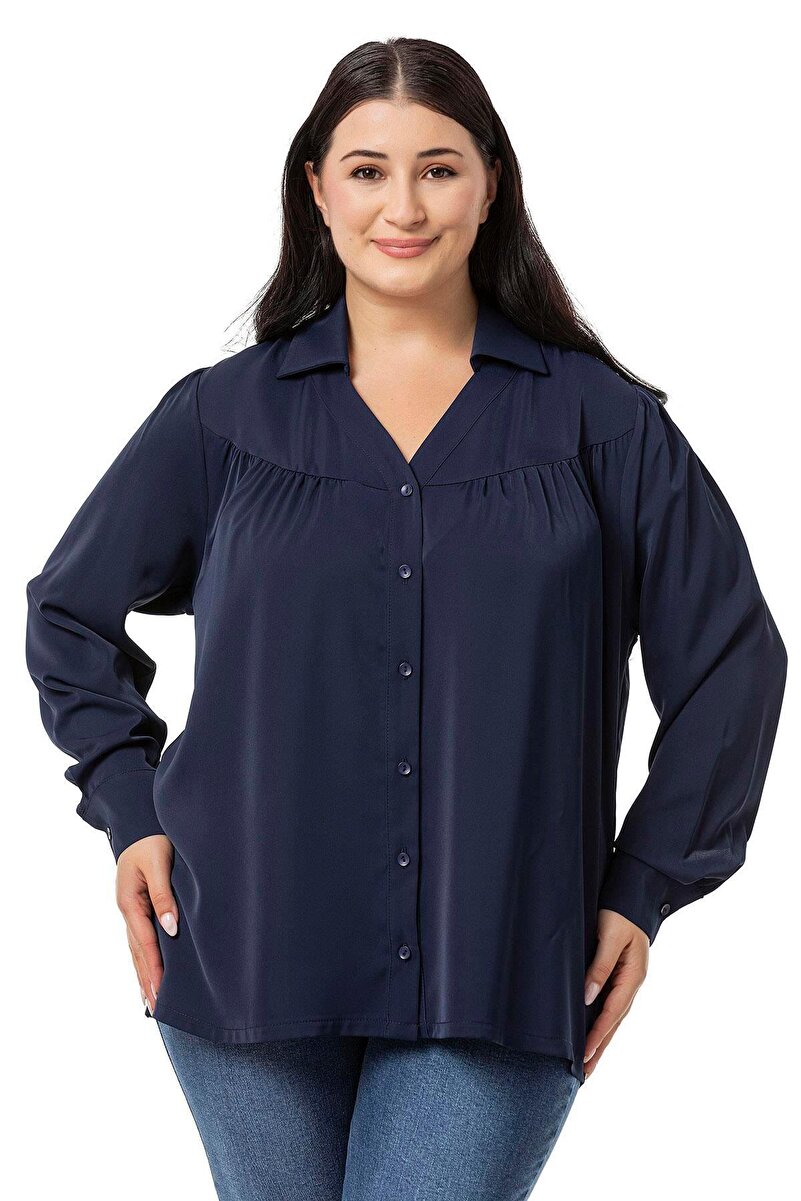Plus Size Collared Front Shirring Yoke-Detail Long Sleeve Shirt &mdash; Navy