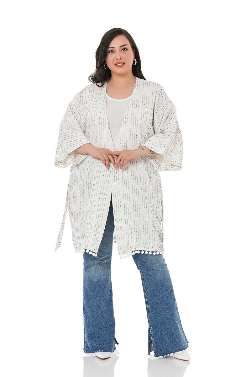 Plus Size Batwing-Sleeve Pom-Pom Hem Belted Pocket Lined Striped Kimono &mdash; White & Navy