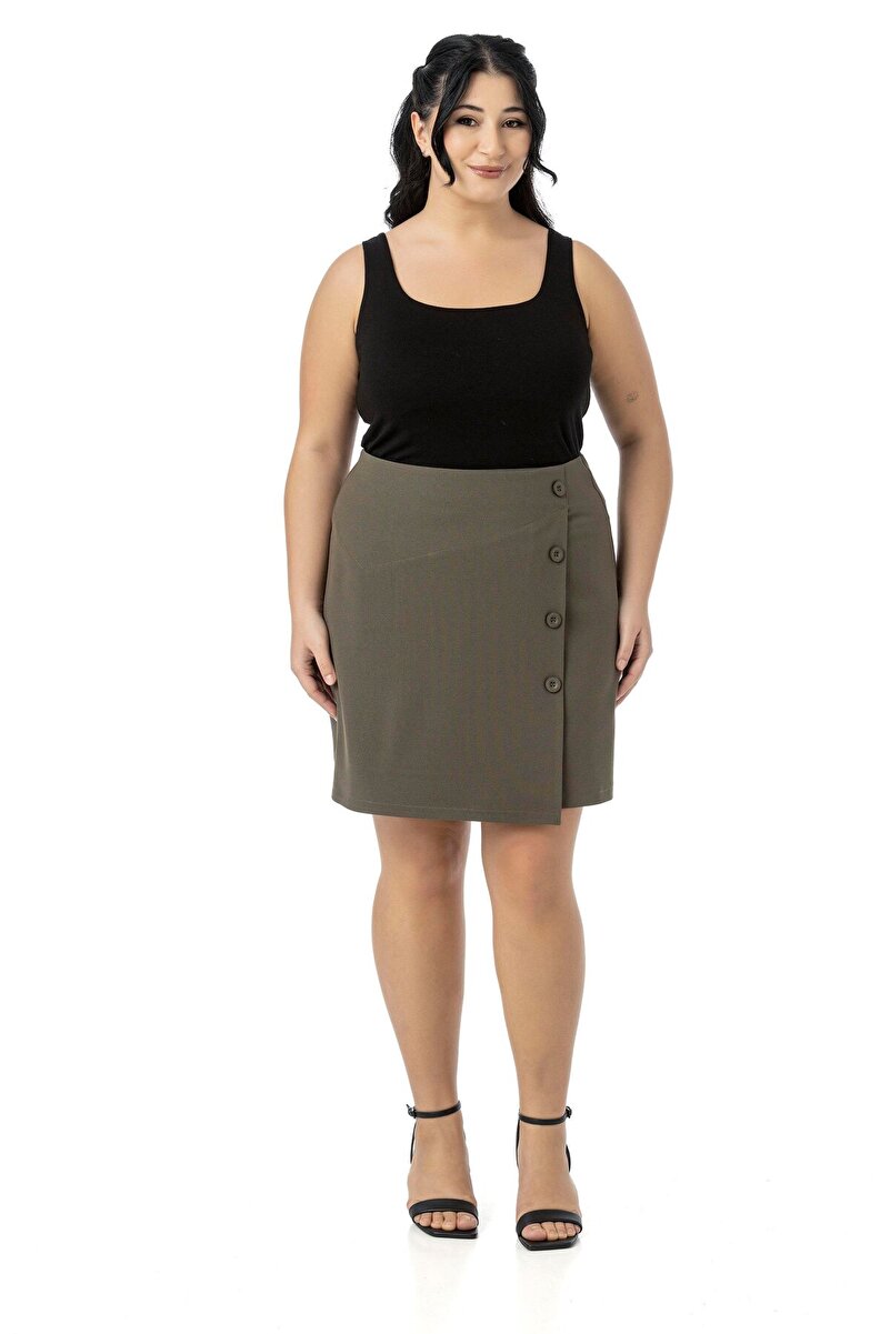 Plus Size Front Double-Layer Decorative Button-Detail Zip Fastened Mini Skirt &mdash; Khaki