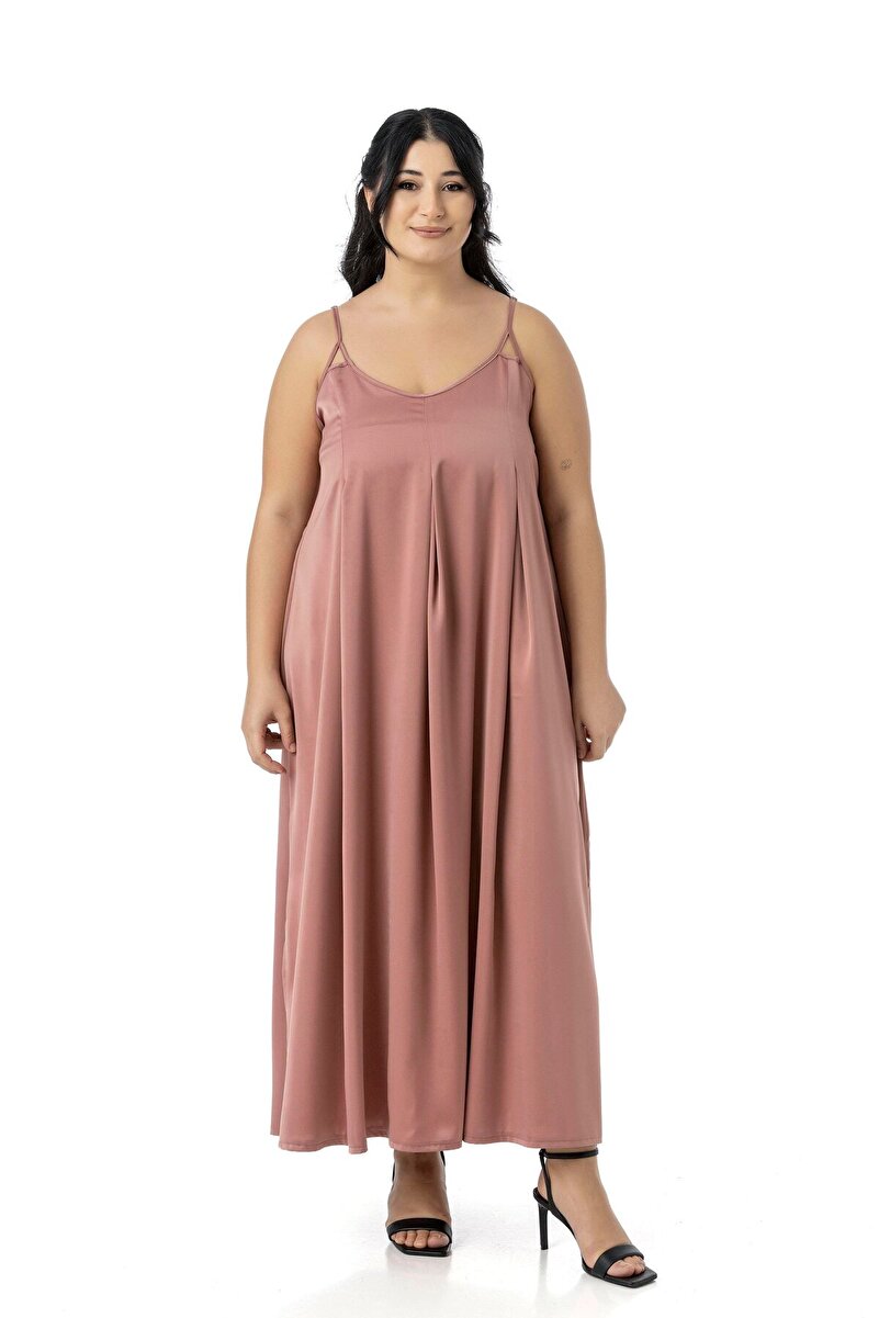 Plus Size Adjustable Thin-Strap Deep Pleat Detail Slit-Detail Satin Long Dress &mdash; Powder Pink