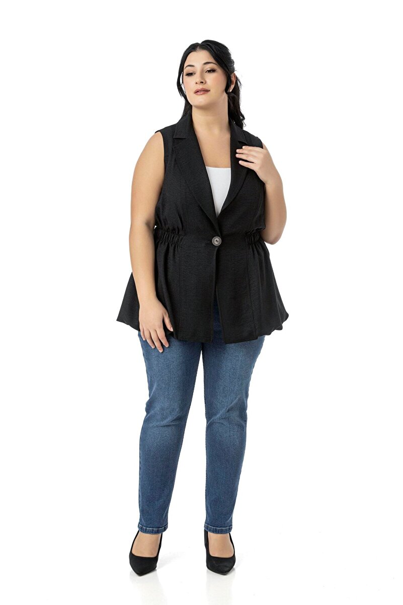 Plus Size Waist Elastic-Detail Hem Balloon Cut Buttoned Lined Vest &mdash; Black