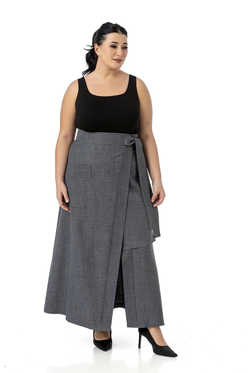 Plus Size Front Slit-Detail Decorative Tie-Detail Patch-Pocket Midi Skirt &mdash; Grey