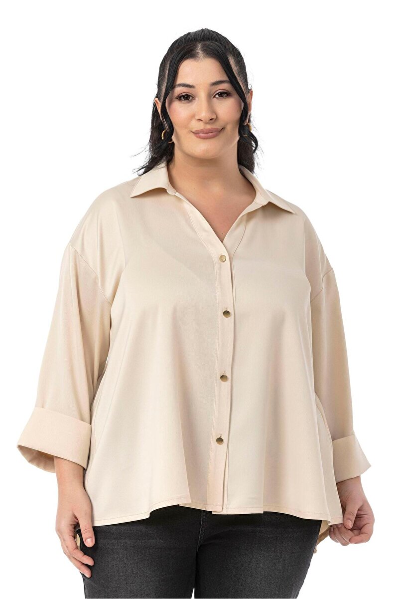 Plus Size Turn-Up Fold-Detail 3/4 Sleeve Satin Shirt — Beige