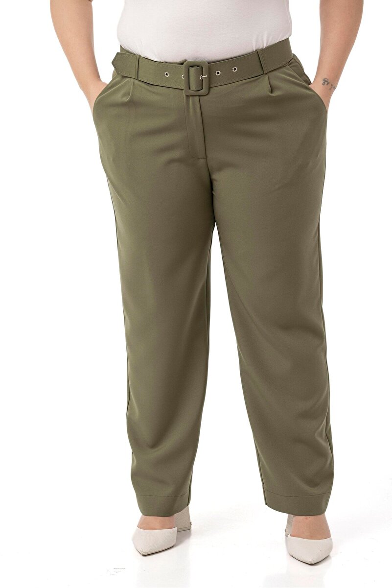 Plus Size Front Pleated With Pockets Belted Trousers &mdash; Khaki