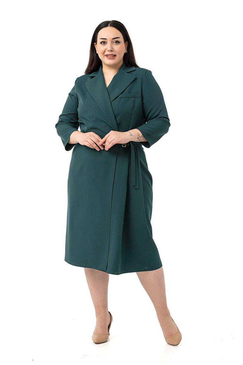 Plus Size Wrap-Front Neck 3/4 Sleeve Pleated Midi Dress &mdash; Emerald