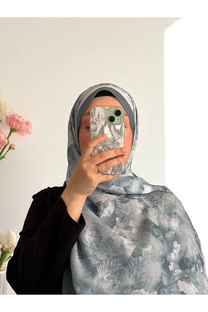 Flora Serisi Çiçekli Desen Pamuklu Dijital Soft Şal - Deniz Yeşili