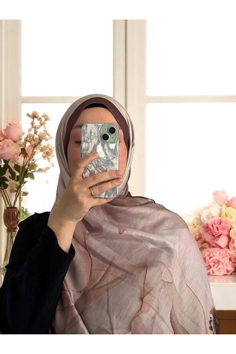 Lotus Serisi Çiçekli Desen Pamuklu Dijital Soft Şal - Soğan Kabuğu