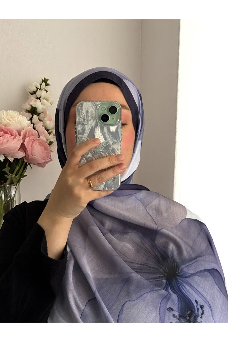 Lotus Serisi Çiçekli Desen Pamuklu Dijital Soft Şal - Mor